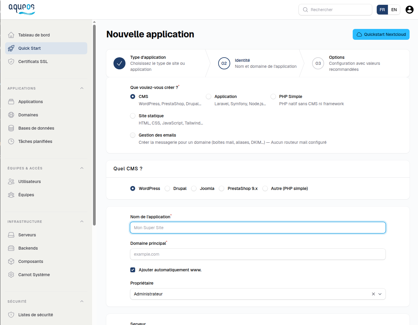 Le panneau de contrôle Carnot d'Aqueos — création d'une application (Quick Start)